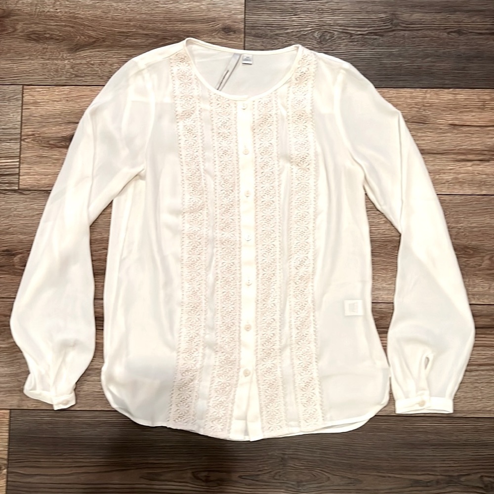 Lauren Conrad Sheer Cream Button Up Blouse w/ Pattern Detail